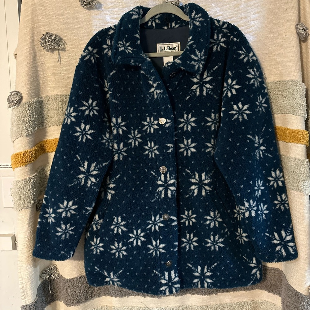 Vintage LL Bean Navy Snowflake Sherpa Fleece Coat - Women’s Large - Picture 1 of 10